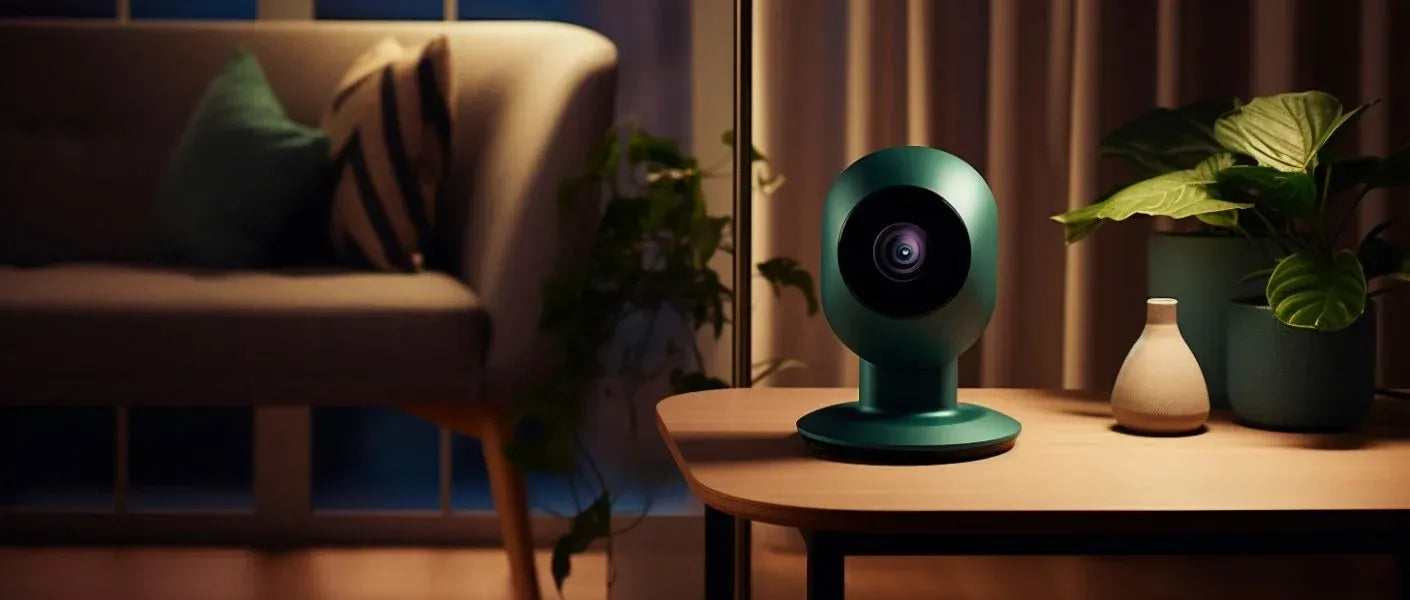 Premium smart home security camera placed on a modern wooden table in a stylish living room with elegant home decor.