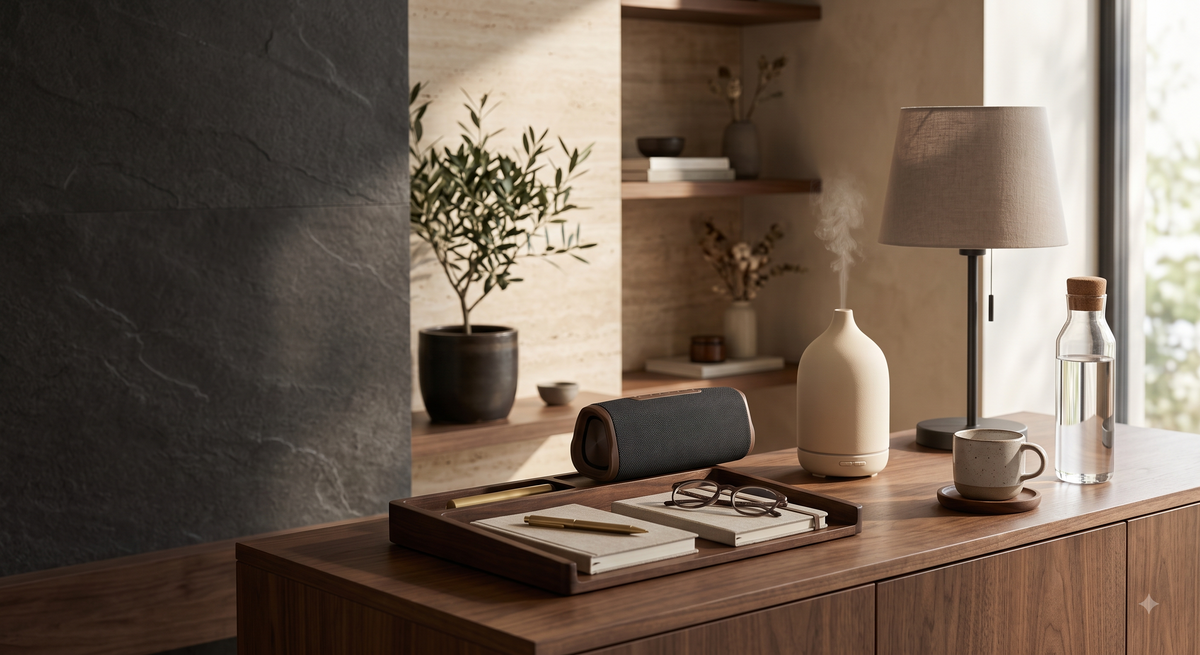 A styled interior scene showing a wooden console table with a cream ceramic diffuser, a table lamp, a glass water bottle, a small cup, and a gray cylindrical speaker on a tray. The background features a dark textured wall, beige stone shelves, and a potted olive tree.