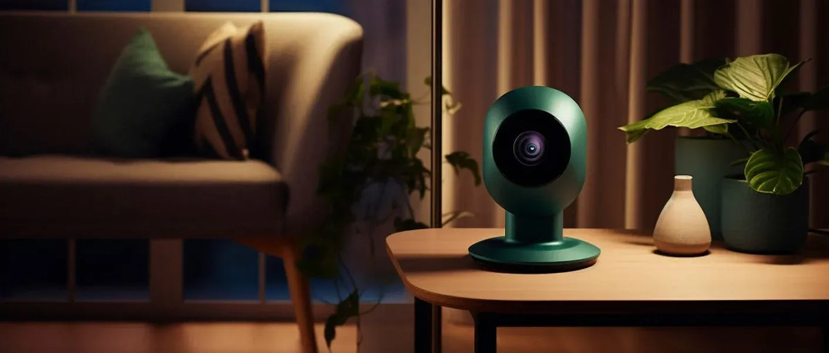 Premium smart home security camera placed on a modern wooden table in a stylish living room with elegant home decor.